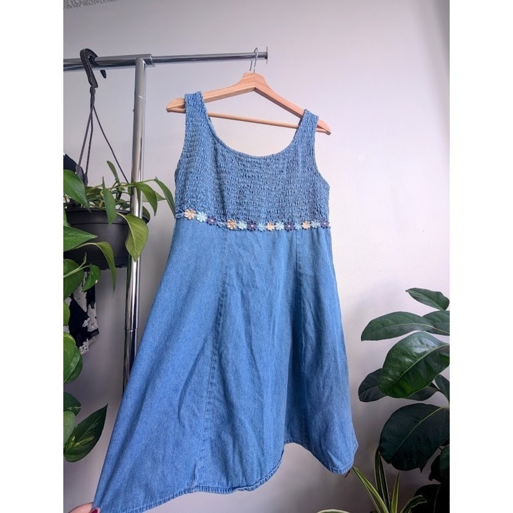 Vintage 90s Denim dress smocked empire waist Daisies Hipster Cali Surfer S